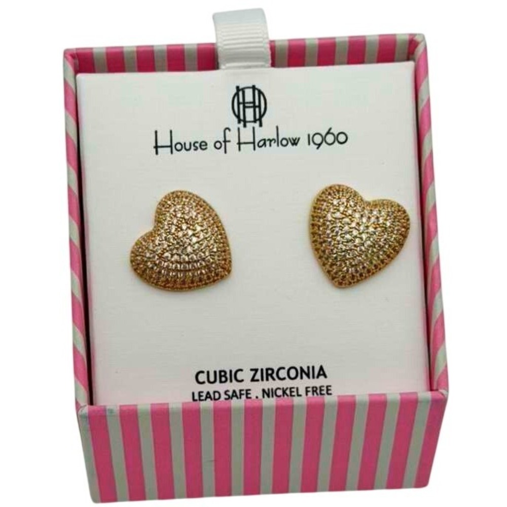 House of Harlow 1960 Pavé Cubic‎ Zirconia Heart Stud Earrings - Gold Tone - NIB